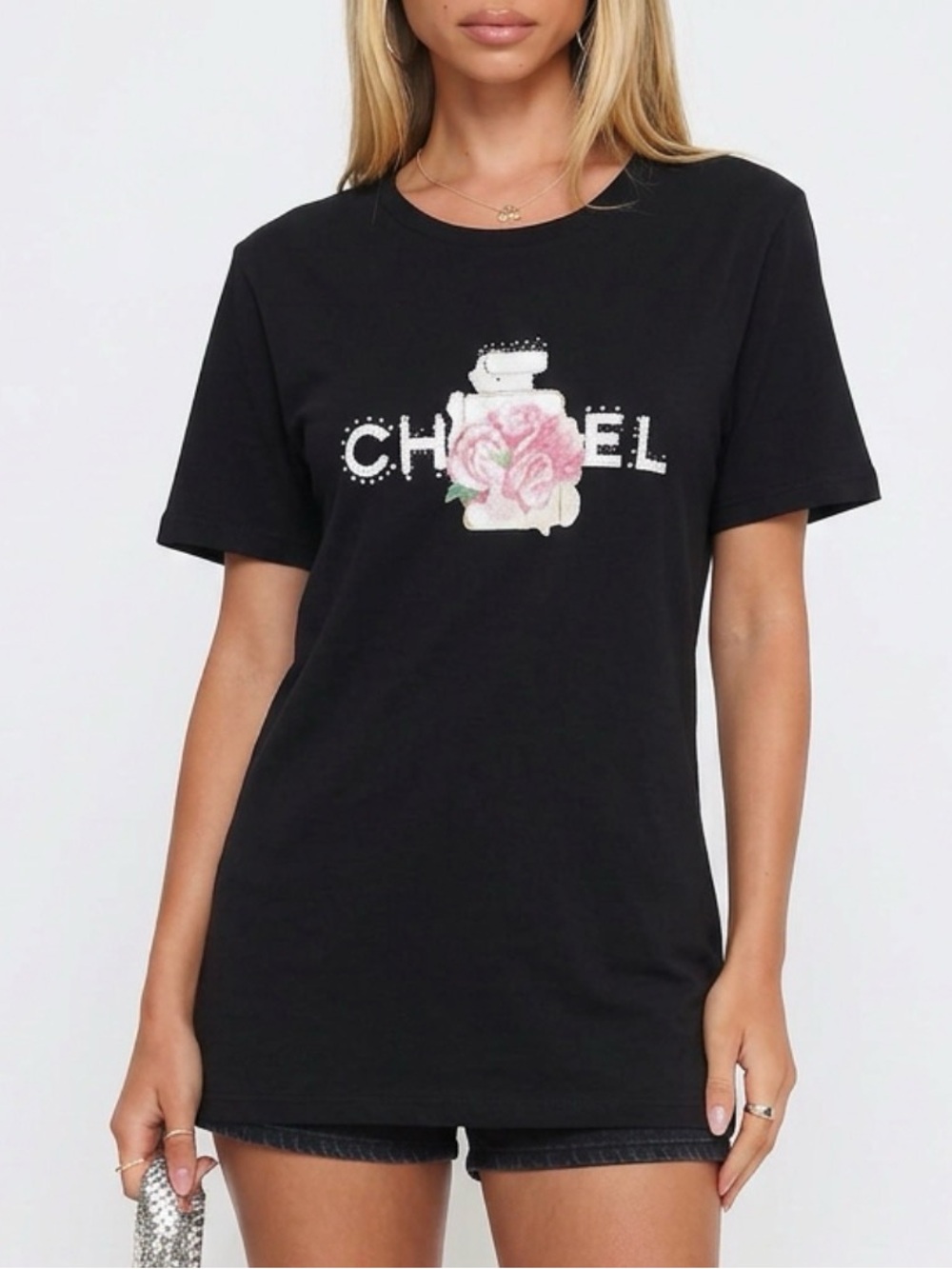 404.NEW Fashion Black flower shirt with European Rhinestones